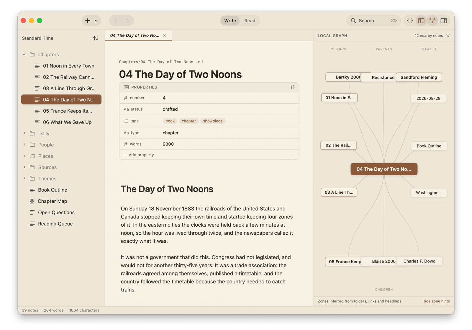 Skein's local graph in the Paper theme: twelve nearby notes arranged around the chapter being written as siblings, parents, related notes and children
