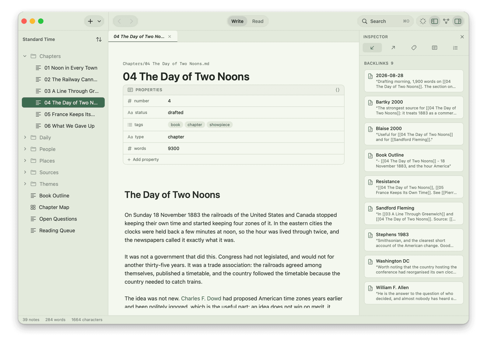The same note in a custom sage theme: a pale green page with dark green text and a green accent