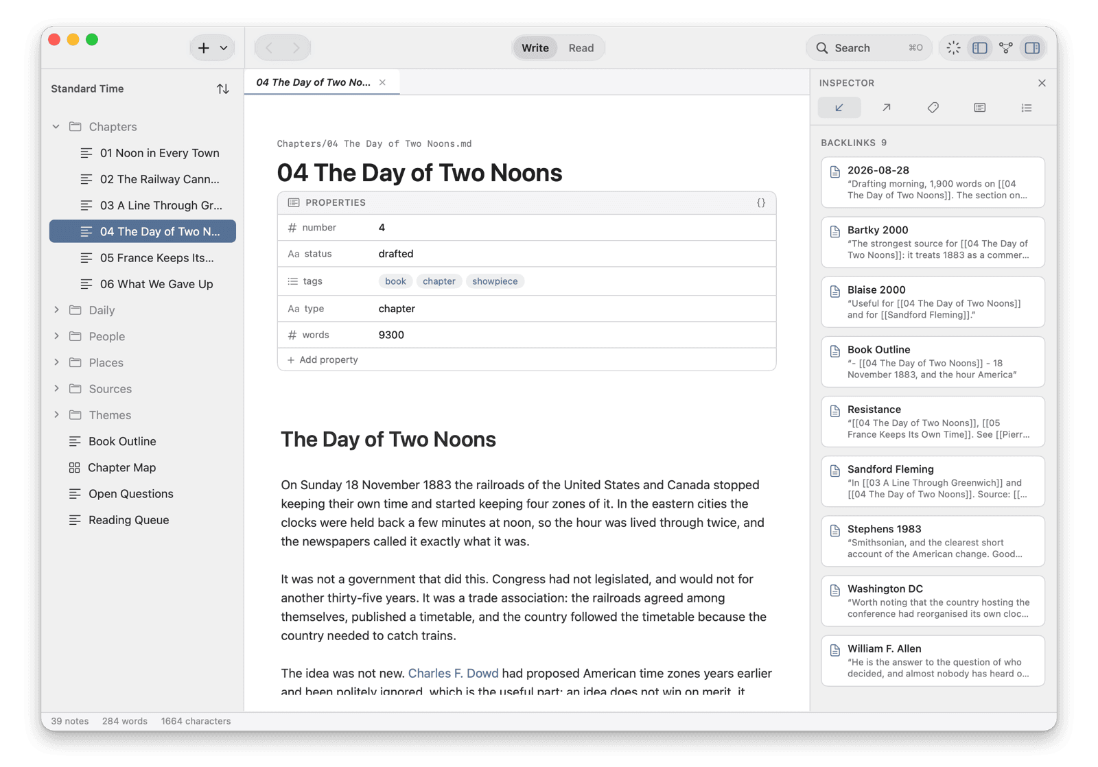 Skein in the Default theme: a white page with grey chrome, the properties table above the text and the inspector listing the notes that link here